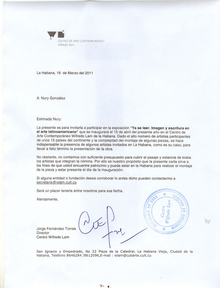 Carta de Invitación del Centro de Arte Contemporáneo Wilfredo Lam